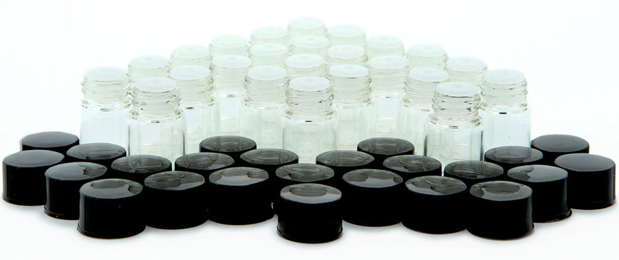 , 24, Clear, 2 ml (5/8 Dram) Glass Bottles, with Orifice Reducers and Black Caps