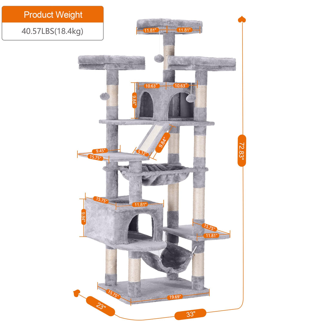 Cat Tree, 73 inches Tall Cat Tower for Large Cats 20 lbs Heavy Duty for Indoor Cats,Big Cat Furniture Condo for with Padded Plush Perch, Cozy Basket and Scratching Posts Light Gray HCT030W
