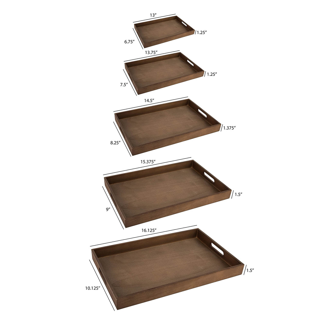 Dark Wood Serving Tray with Handles - Five Piece Nested Breakfast Tray - Wood Crafts Trays for Organizing | Bathroom Tray - Food Trays for Party Buffet Montessori Wooden Trays for Serving & Catering