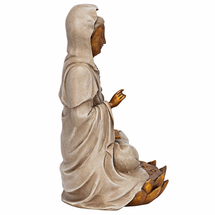 EU1017 Guan-Yin Patroness of Compassion Seated on Lotus Asian Decor Indoor/Outdoor Garden Statue, 7 inches wide, 12 inches tall, Handcast Polyresin, Faux Stone & Metallic Finish