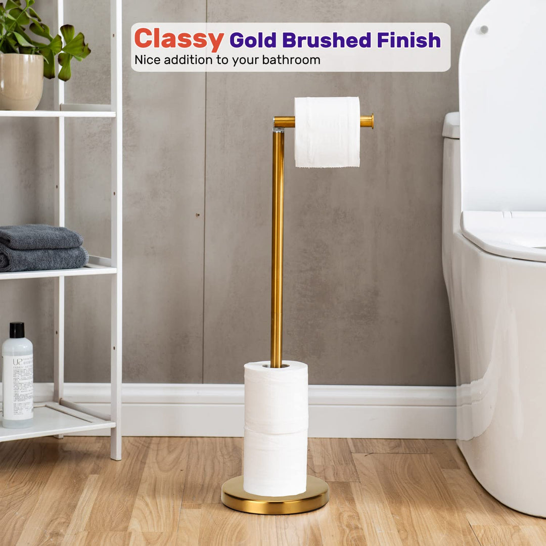 Toilet Paper Holder Gold, Freestanding Toilet Paper Holder Stand with Reserve for 4 Spare Rolls, Sturdy Base, Toilet Tissue Paper Roll Storage Shelf (Stainless Steel Base, Gold)