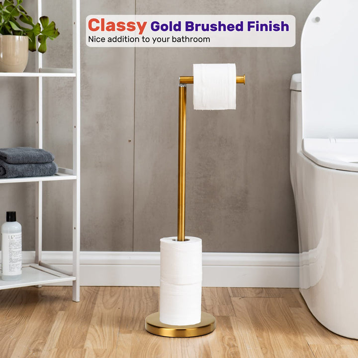Toilet Paper Holder Gold, Freestanding Toilet Paper Holder Stand with Reserve for 4 Spare Rolls, Sturdy Base, Toilet Tissue Paper Roll Storage Shelf (Stainless Steel Base, Gold)