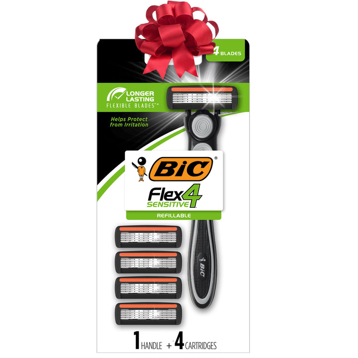 Flex 4 Refillable Razors for Men, Long-Lasting 4 Blade Razors for Sensitive Skin, 1 Handle and 4 Cartridges, 5 Piece Shaving Gift Set