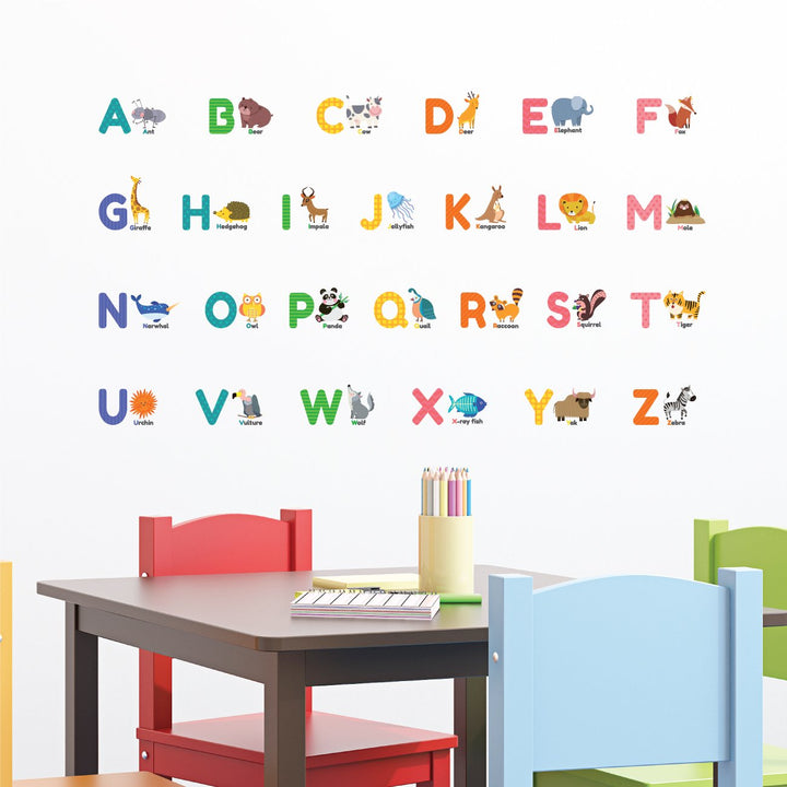 DS-8014 Colourful Animal Alphabet ABC Kids Wall Stickers Wall Decals Peel and Stick Removable Wall Stickers for Kids Nursery Bedroom Living Room (Small) décor