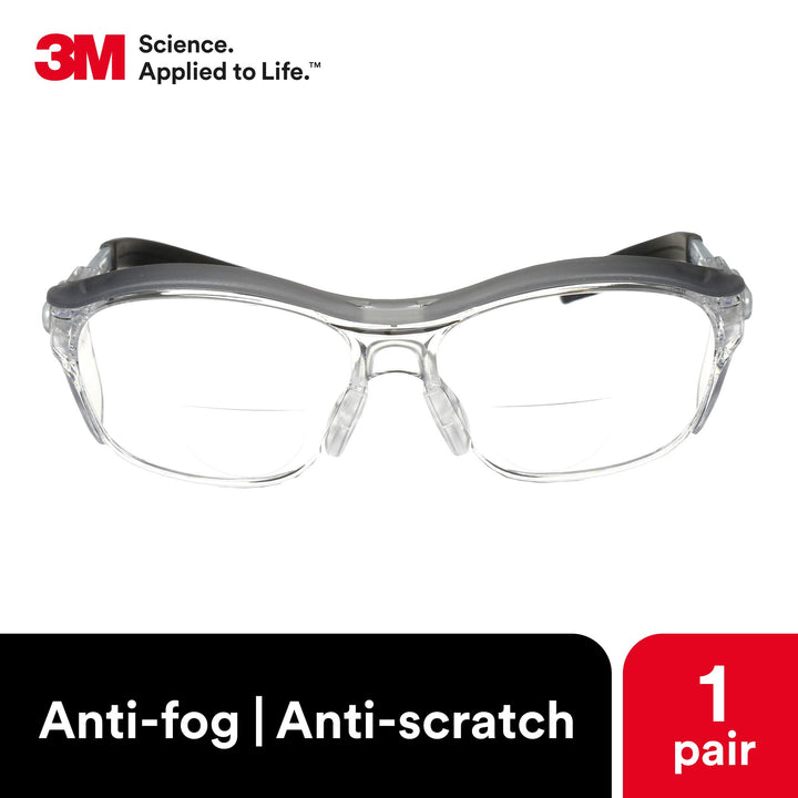 Safety Glasses with Readers, Nuvo Protective Eyewear, +1.5 Diopter, ANSI Z87, Clear Lens, Retro Gray Frame, Soft Nose Bridge, Side Shields