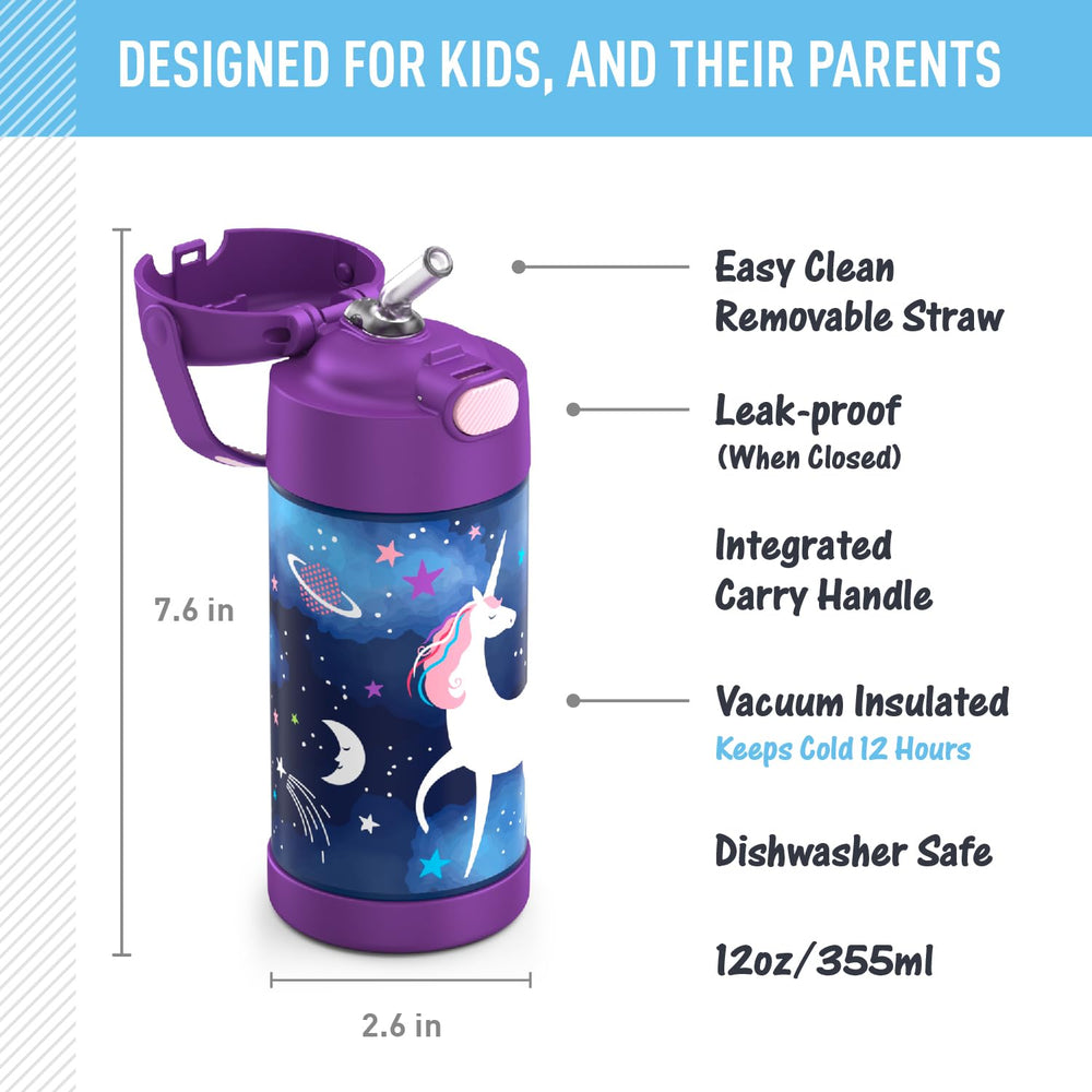 FUNTAINER Water Bottle with Straw - 12 Ounce, Space Unicorn - Kids Stainless Steel Vacuum Insulated Water Bottle with Lid