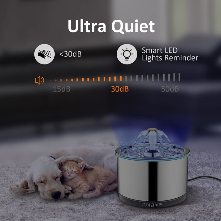 Cat Water Fountain Stainless Steel, Automatic Cat Fountains for Drinking, Ultra-Quiet Dog Water Dispenser, Pet Water Fountain for Cats Inside, 84oz/2.5L with Three Water Flow for Cats, Dogs