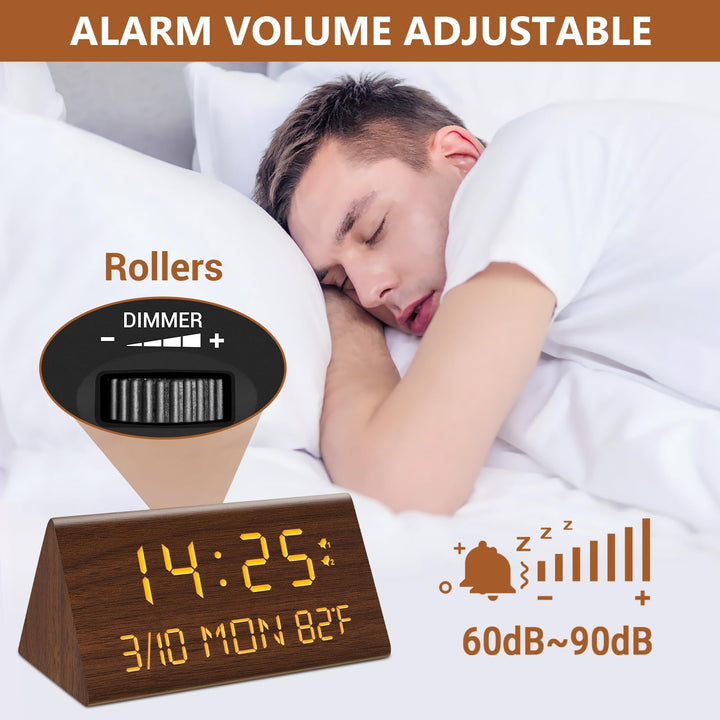 Wooden Digital Alarm Clock, 0-100% Dimmer, 2 Alarm Settings, Weekday/Everyday Mode, 9 Mins Snooze, 12/24H, Temperature and Date Display for Office, Travel, Bedroom Alarm Clock (Brown)