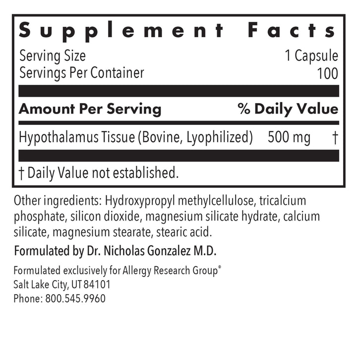 Hypothalamus Supplement - Endocrine Support, Natural Glandular, 500mg Adrenal Support, Adrenal Pituitary, Adrenal Gland Function, Bovine, Lyophilized, Vegicaps - 100 Count