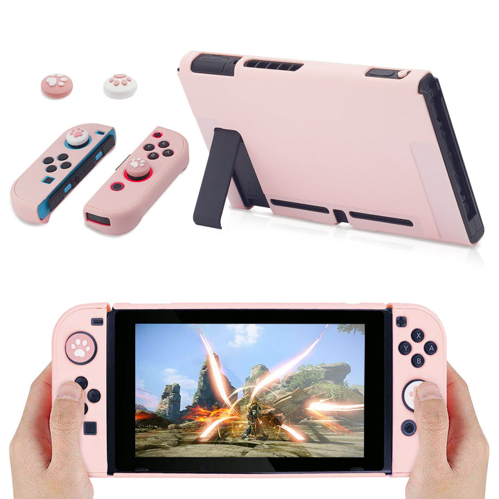 Cute Travel Carrying Case for Nintendo Switch Accessories Kit with Hard Protective Cover, Glass Screen Protector, Adjustable Stand and Thumb Grip Caps 10 in 1(Switch Pink)