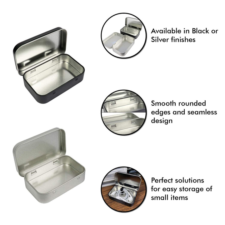 10 Pack Metal Rectangular Empty Hinged Tins Box Containers 3.75 by 2.45 by 0.8 Inch Black Mini Portable Box Small Storage Kit Home Organizer (10 Black)