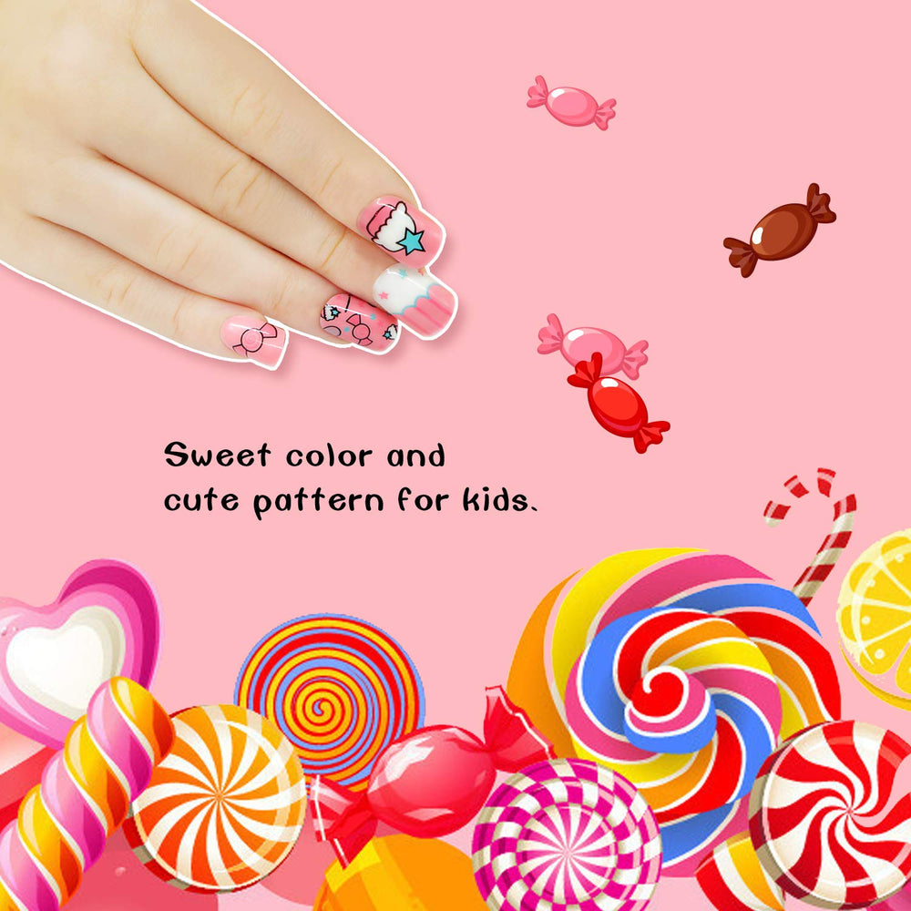 False Nails for Girls 24 Pcs Press On Kids Fake Nails Tips Candy Pattern