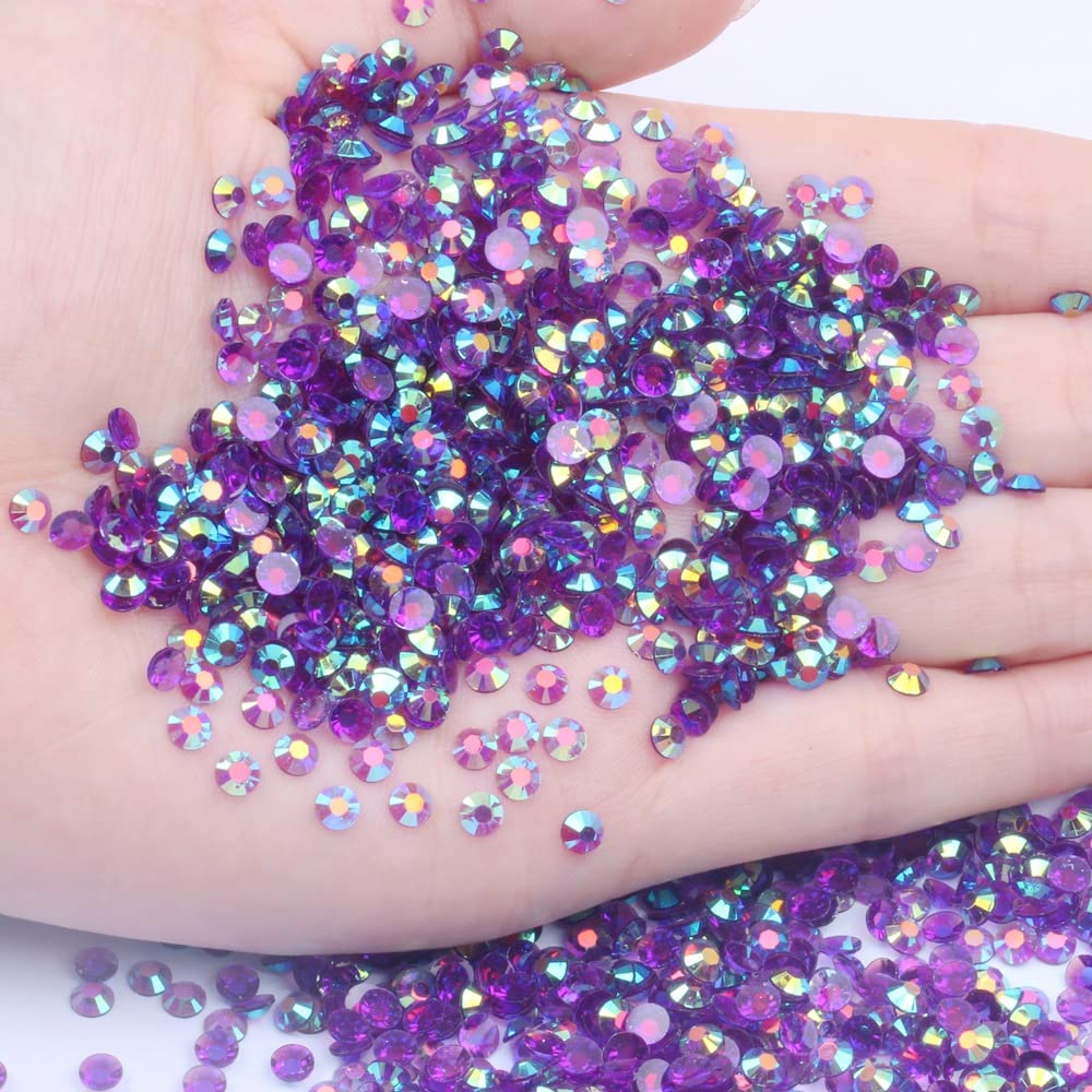 1000Pcs Transparent AB Flat Back Nail Art Rhinestones Mixed Sizes 2/3/4/5/6mm Crystals Gems For DIY Nail And Crafts Decorations (35T Deep Purple AB)