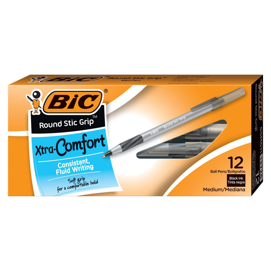 Round Stic® Grip™ Xtra-Comfort Medium Ball Point Pen, Black, 12 Pack
