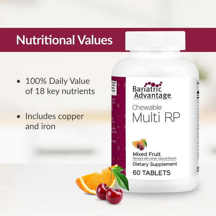 Chewable RP Multivitamin - for Bariatric Surgery Patients - with Iron, Copper, Vitamin C, A, Zinc & More - 100% DV of 18 Nutrients - 60 Count - Mixed Fruit