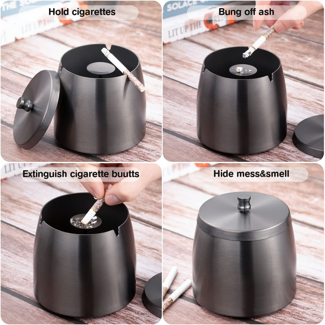 XL Outdoor Ashtray with Lid for Cigarettes, Smokeless Stainless Steel Unbreakable Ash Trays, Covered Odorless Windproof Smell Proof Ashtrays for Outside or Indoor Patio Home Odorless Office