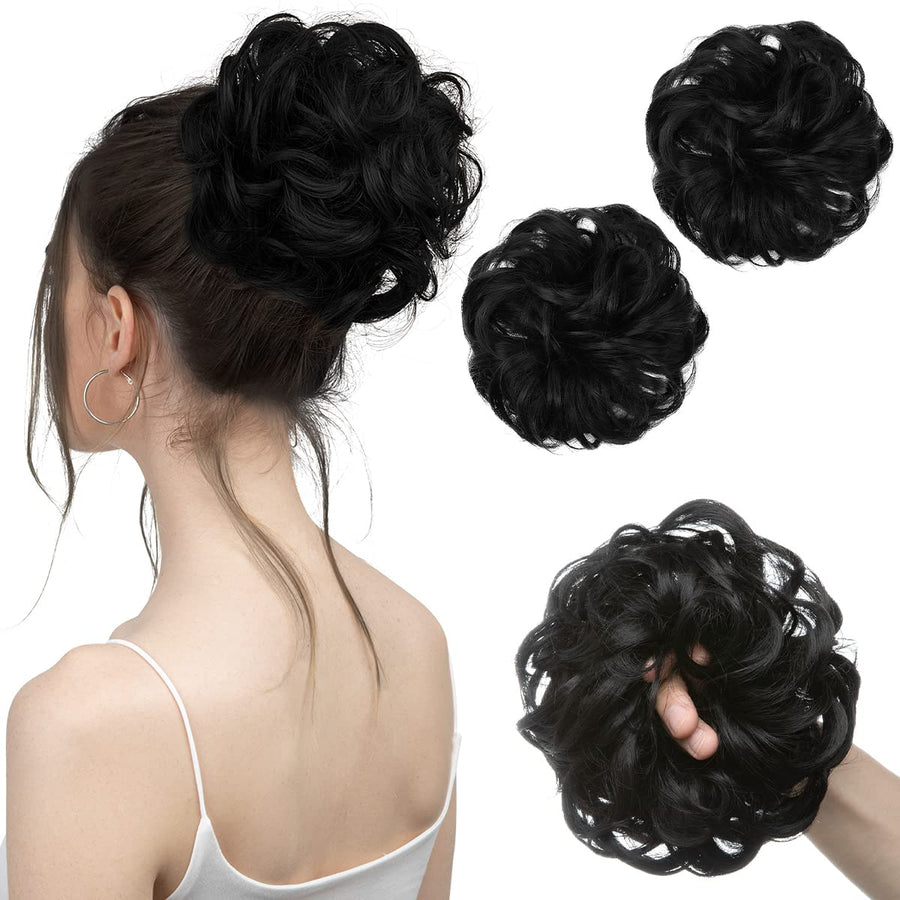 2PCS Messy Hair Bun Hair Pieces Wavy Curly Synthetic Updo Fake Scrunchies Ponytail Extension for Women Jet Black