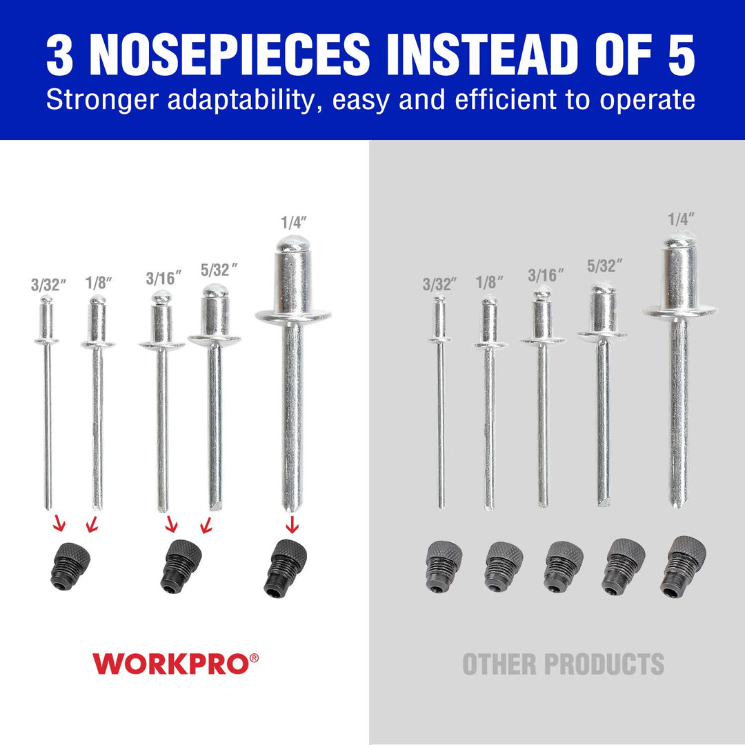 10-Inch Pop Rivet Gun, Heavy Duty Riveter with 3 Interchangeable Heads (3 Nosepieces) and 100pcs Rivets, 5-in-1 Hand Riveter Set for Metal, Plastic, Repairing Truck Bed, Fixing Highway Sign