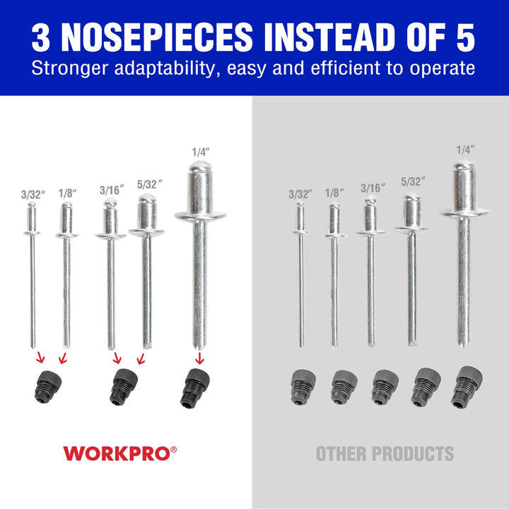 10-Inch Pop Rivet Gun, Heavy Duty Riveter with 3 Interchangeable Heads (3 Nosepieces) and 100pcs Rivets, 5-in-1 Hand Riveter Set for Metal, Plastic, Repairing Truck Bed, Fixing Highway Sign