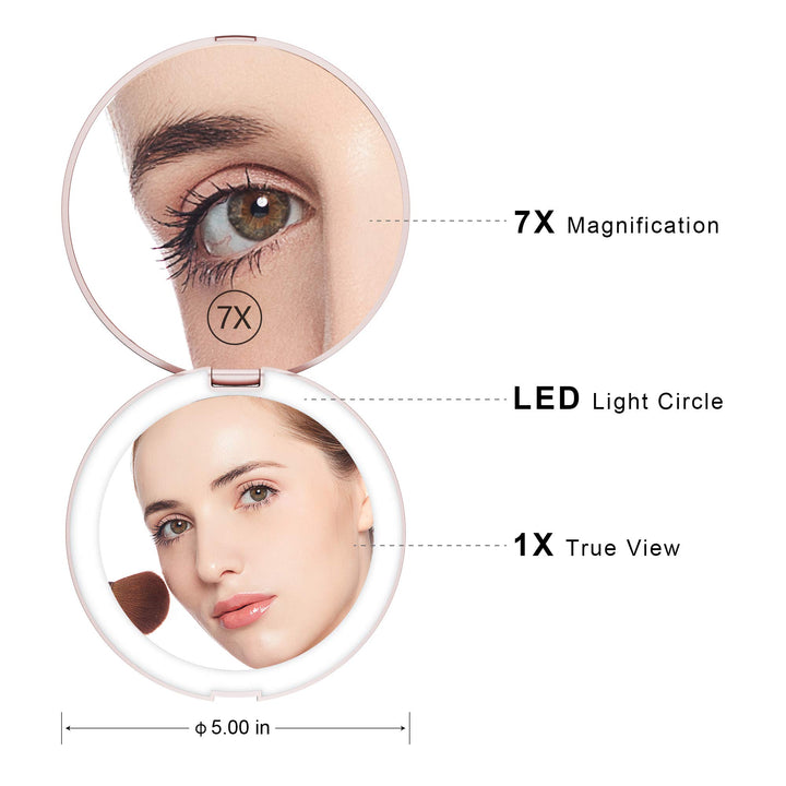LED Lighted Travel Makeup Mirror, 1x/7x Magnification, 5 Inch Dual Sided Vanity Mirror with Lights Portable Compact Illuminated Cosmetic Mirror – Perfect for Handbag Rose Gold