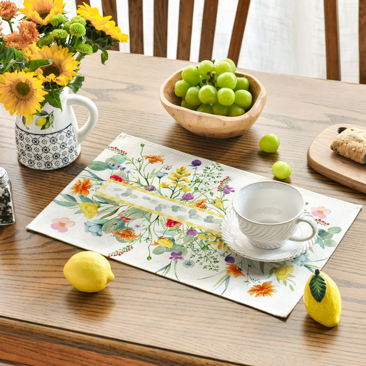 Wildflower Floral Eucalyptus Leaves Placemats for Dining Table, 12 x 18 Inch Spring Summer Seasonal Decoration Rustic Washable Table Mats Set of 4 Green
