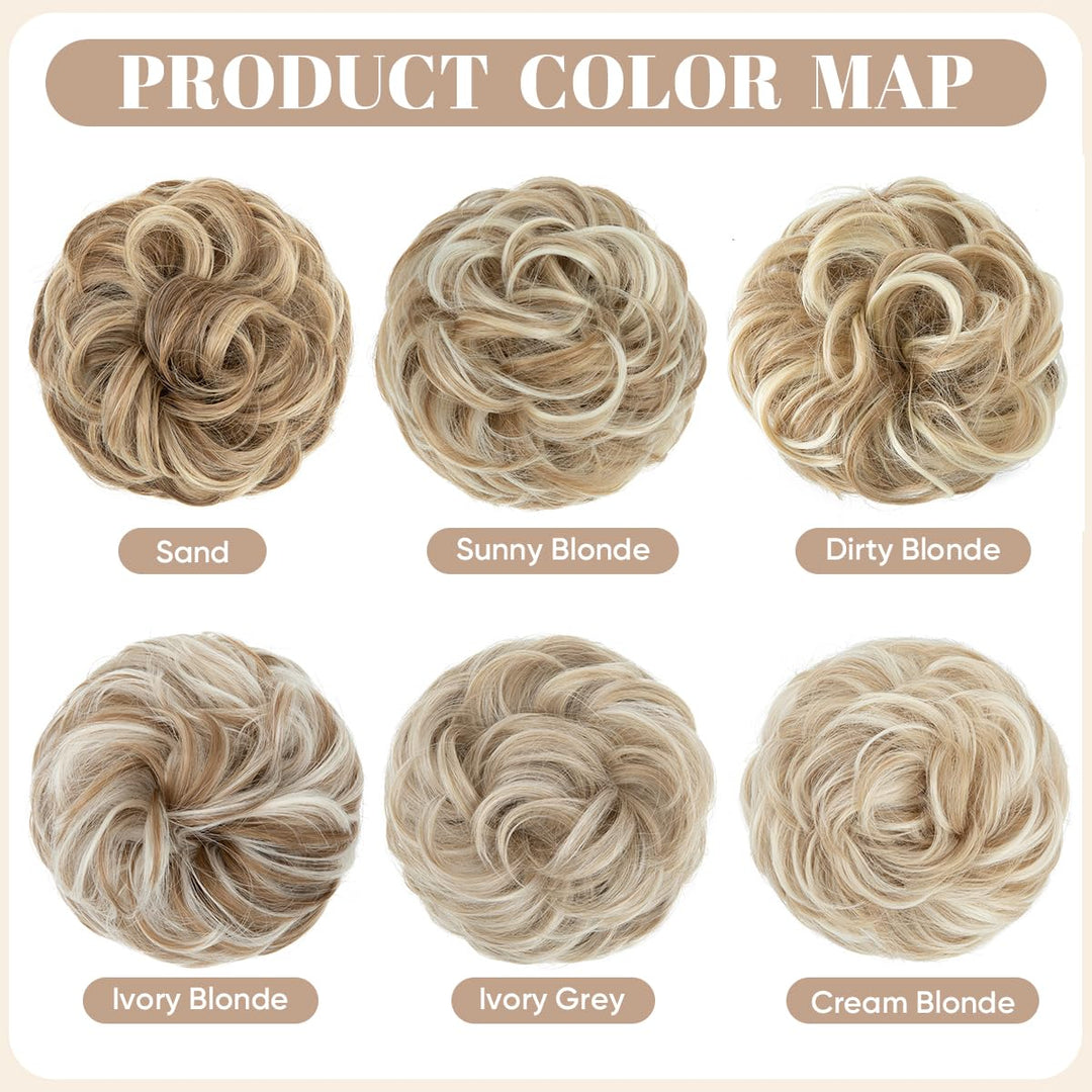 2PCS Messy Hair Bun Hair Pieces Wavy Curly Synthetic Updo Fake Scrunchies Ponytail Extension for Women Dirty Blonde