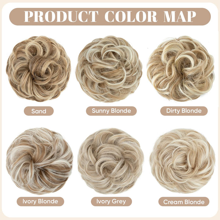 2PCS Messy Hair Bun Hair Pieces Wavy Curly Synthetic Updo Fake Scrunchies Ponytail Extension for Women Dirty Blonde