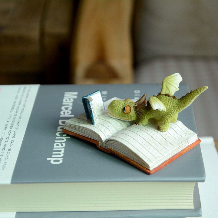 Miniature Fairy Garden and Terrarium Mini Dragon Reading Figurine, Green White