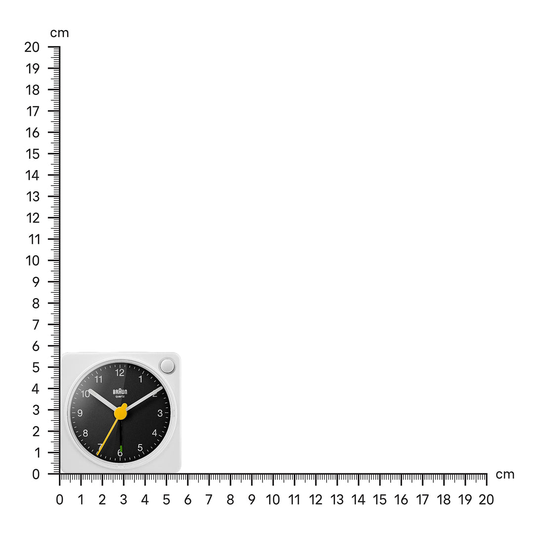 Classic Travel Analogue Alarm Clock with Snooze and Light, Compact Size, Quiet Quartz Movement, Crescendo Beep Alarm in White and Black, Model BC02XWB.