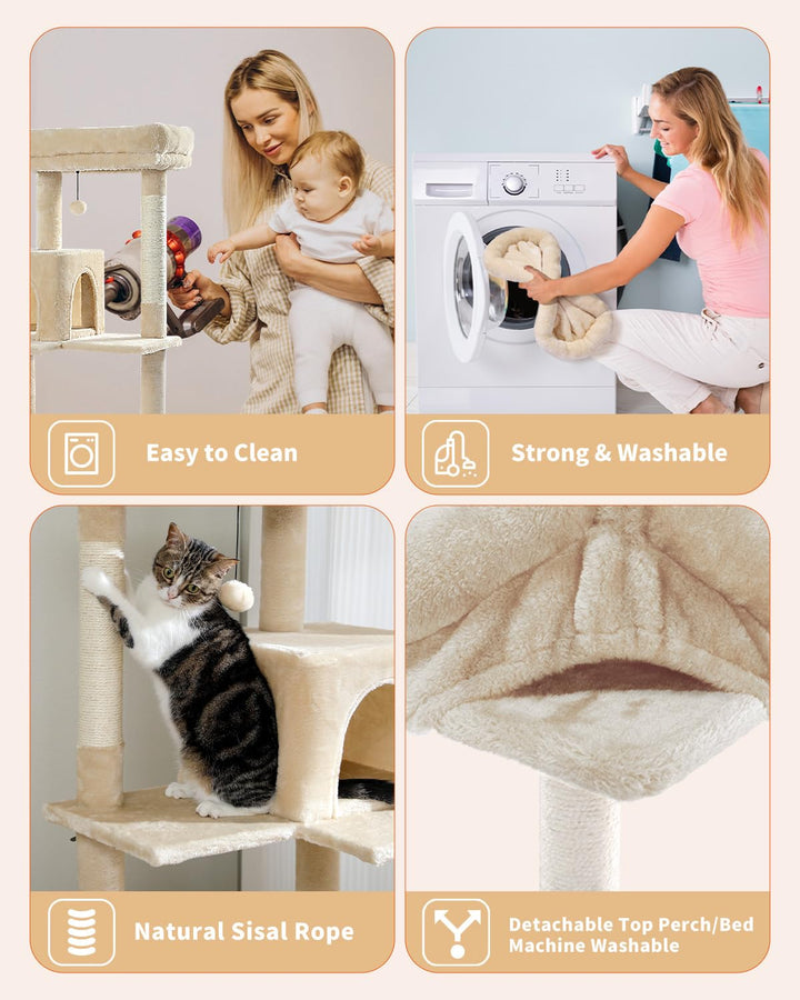 56.3 Inches Multi-Level Cat Tree Cat Tower with Sisal Covered Scratching Posts, Comfort Condo, Extra Large Hammock and Plush Perches Beige