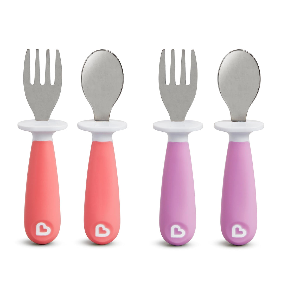 ® Raise™ Toddler Fork and Spoon Utensil Set, Rest Keeps Tip Off Table, BPA Free, 4 Pack, Pink/Purple