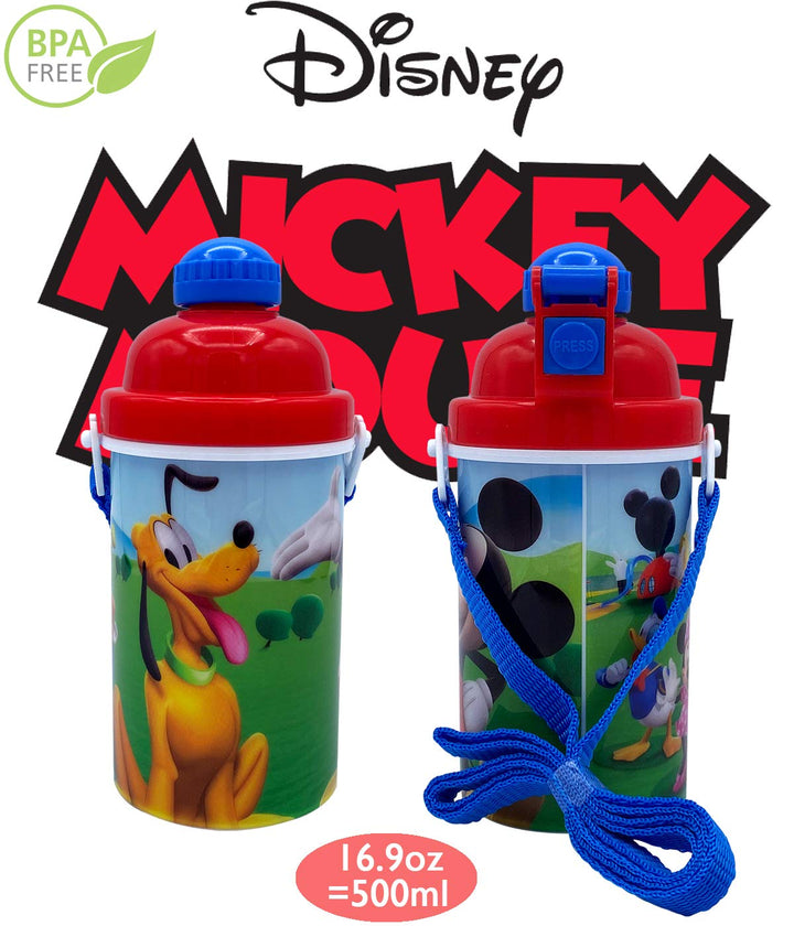 Disney Classic Mickey Carrying Strap One Touch Water Bottles with Reusable Built in Straw - Safe Approved BPA Free, Easy to Clean, for Kids Girls Boys, Goodies Home Travel