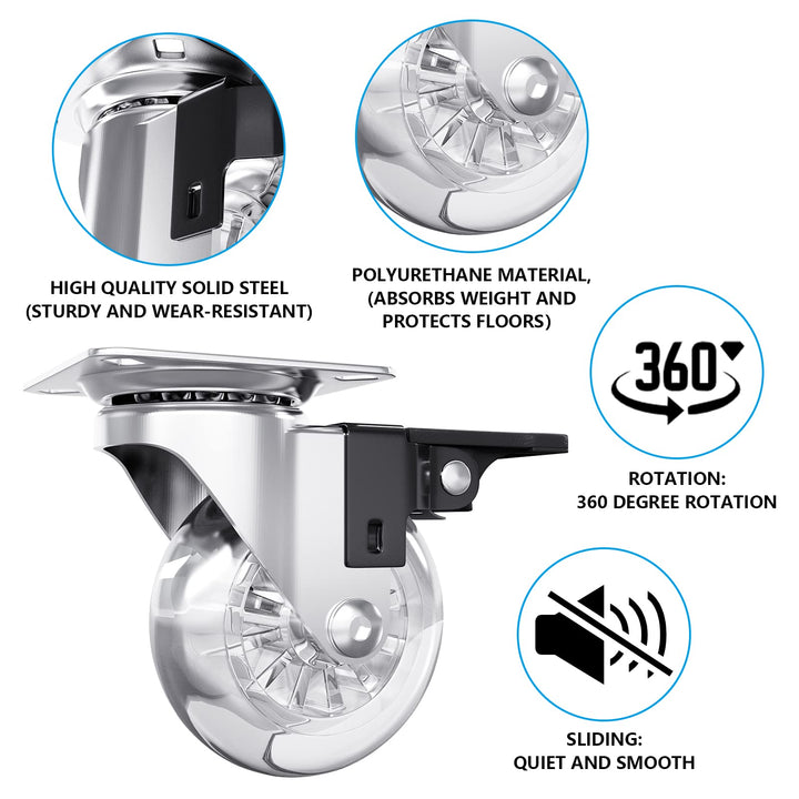 3Caster Wheels, Clear Crystal casters, casters Set of 4 Heavy Duty(1000LBS), Suitable for Furniture, Wheels for carts,Protects Floors and Slides Quietly (casters Set of 4)