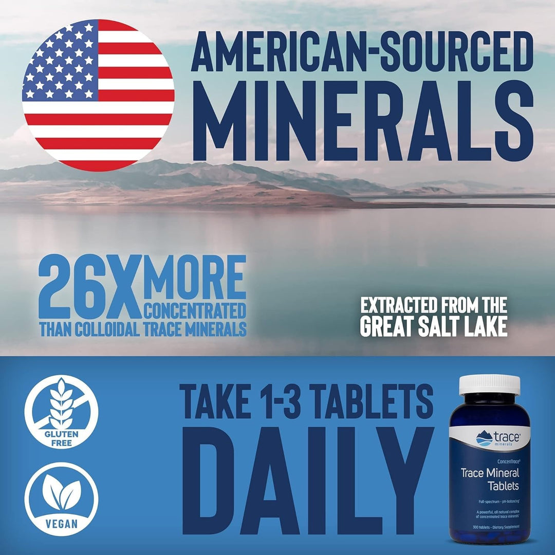 ConcenTrace Trace Mineral Tablets - Supplement for Bone & Joint Support - Aids Hydration & Electrolyte Restoration - 300 Tablets (100 Servings)