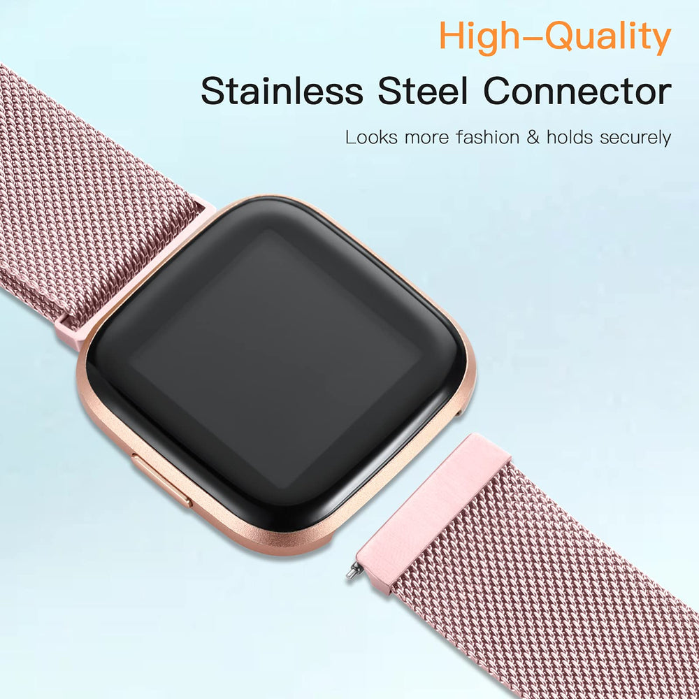 Compatible with Fitbit Versa and Versa 2 Bands for Women Men, Rose Gold Stainless Steel Metal Mesh Magnetic Band Bracelet Strap Replacement for Fitbit Versa/Versa Lite SE, Small