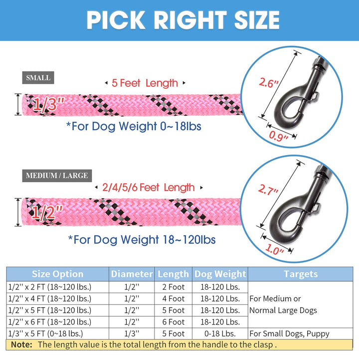 2/4/5/6 FT Dog Leash with Comfortable Padded Handle and Highly Reflective Threads for Small Medium and Large Dogs (5FT-1/2'', Pink)