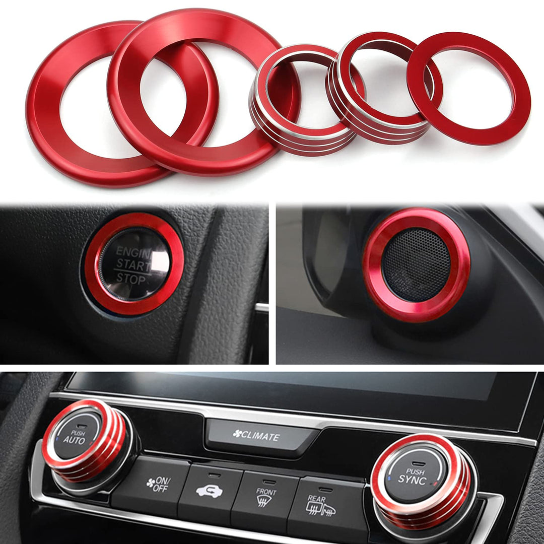 for Honda Civic Accessories Door Speaker Engine Start Button SYNC AUTO Knob Cover Center Control Sticker Compatible with Honda Civic 10th Gen 2016-2021 (Red, 5PCS)