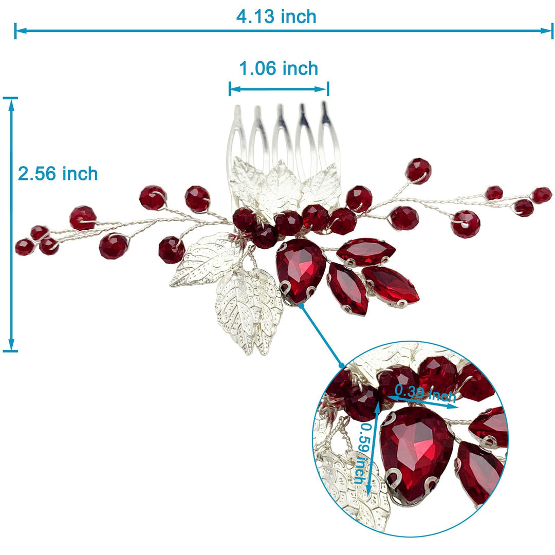Bridal Hair Comb Emerald Green Crystal Gold Leaf Vine Hair Piece Accessories for Wedding Bride Women Party (Wine Red)