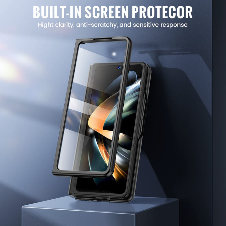 for Galaxy Z Fold 4 Case, Samsung Z Fold 4 Case with Screen Protector & S Pen Holder Built-in Kickstand PU Leather Shockproof Case for Samsung Galaxy Z Fold 4 2022 Released - Carbon Fiber Black