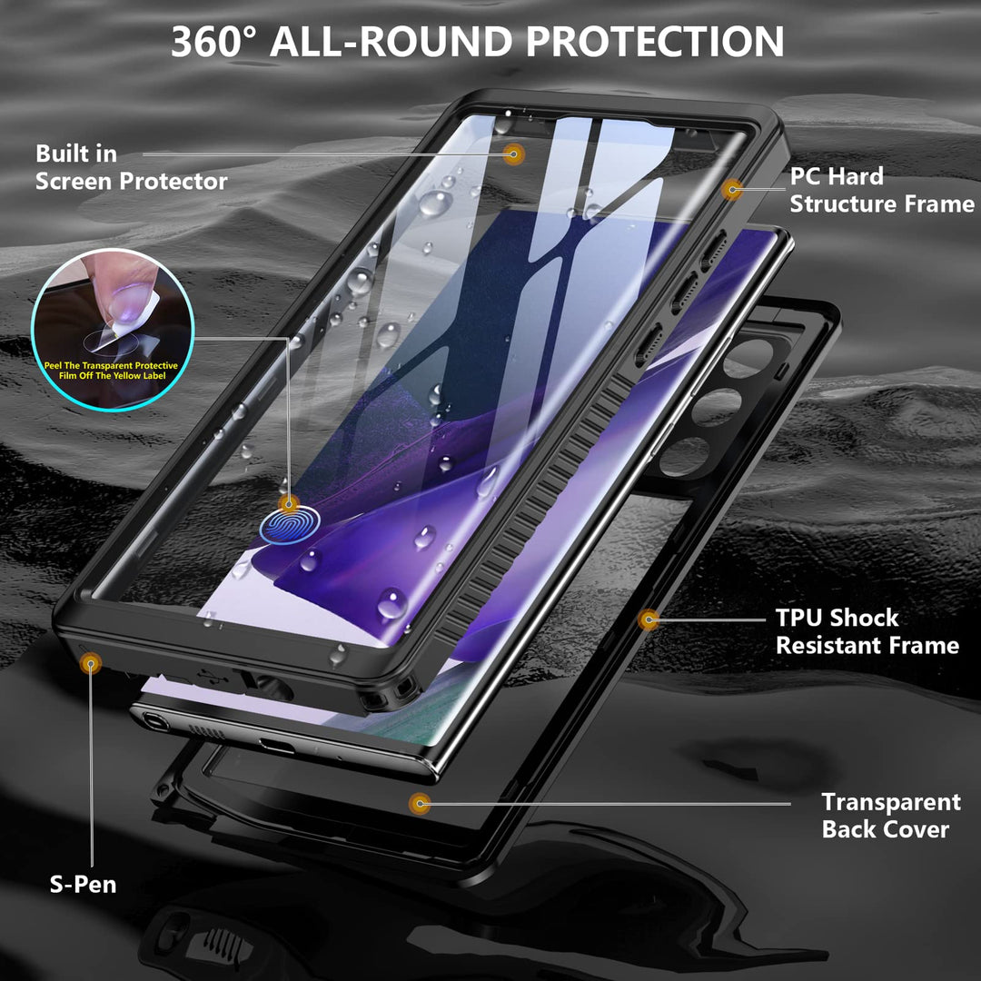 for Samsung Galaxy Note 20 Ultra Case Waterproof, Built in Screen Protector 360° Full Body Heavy Duty Shockproof IP68 Waterproof Note 20 Ultra Case for Samsung Note 20 Ultra 5G 6.9 Black