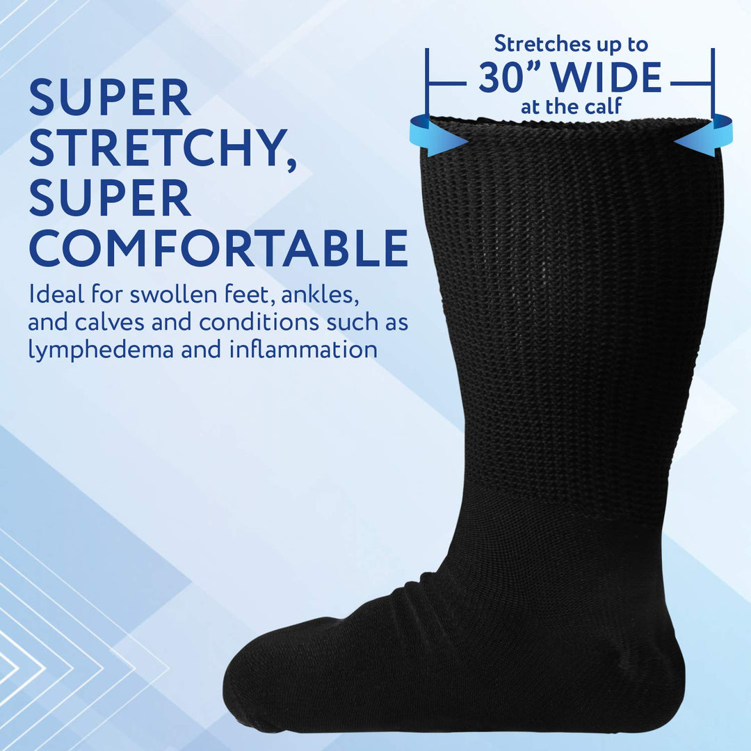 Extra Wide Socks for Men and Women - 2 Pairs - Ideal for Lymphedema, Swollen Feet, Legs, and Calves - Great as Bariatric Hospital Socks or Cast Socks - Stretches up to 30 Inches (Black)