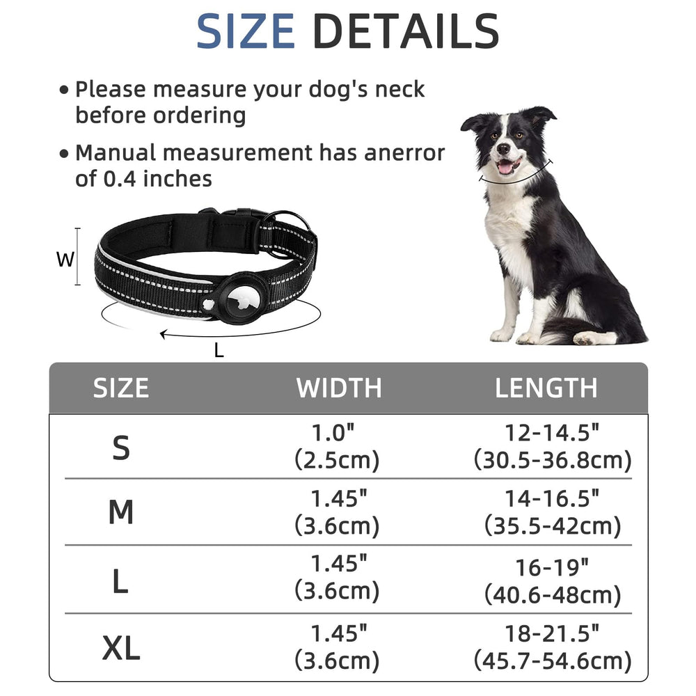 Reflective AirTag Dog Collar,Padded Apple Air Tag Dog Collar, Heavy Duty Dog Collar with AirTag Holder Case, Adjustable Air Tag Accessories Pet Collar for Small Medium Large Dogs (M(15''-18''))