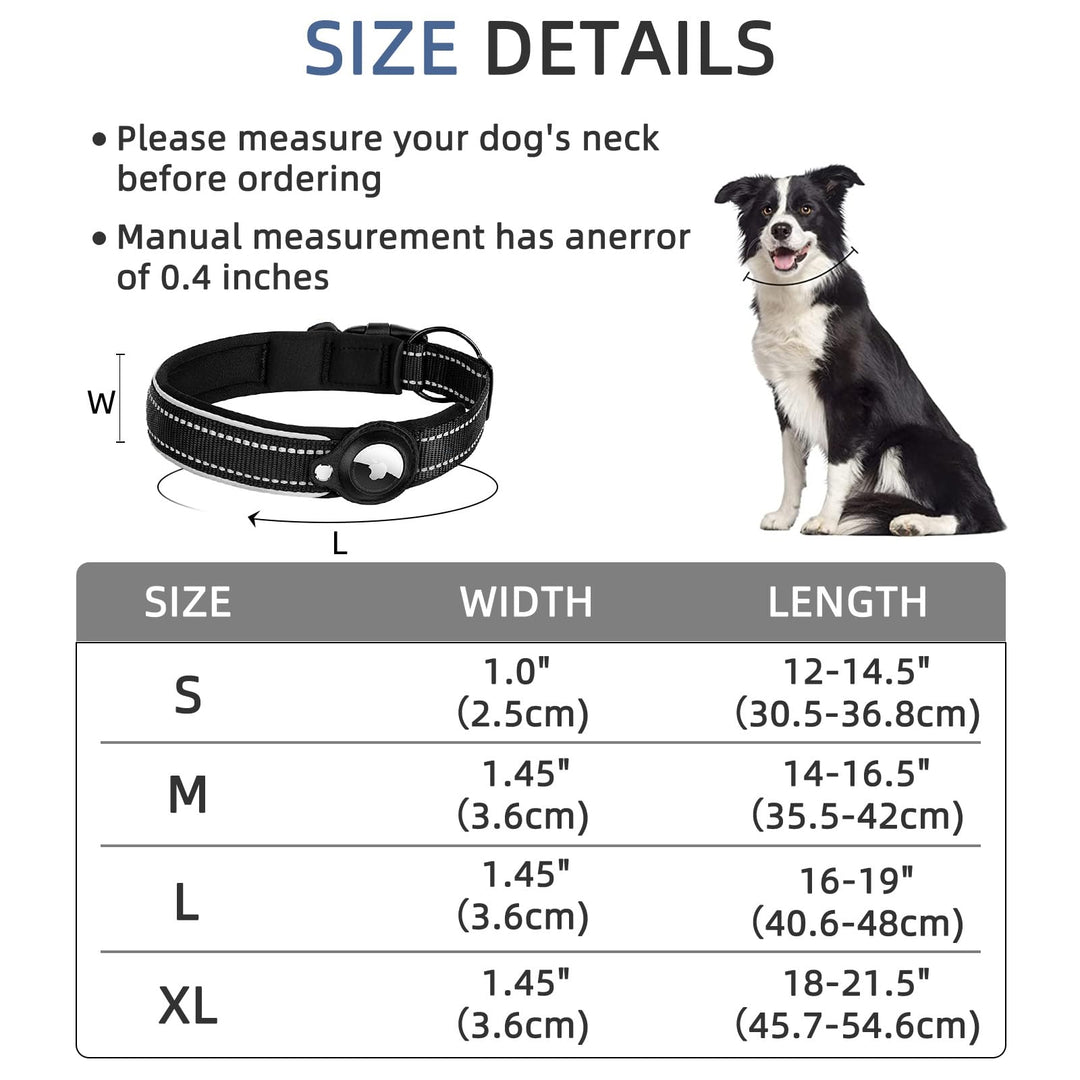 Reflective AirTag Dog Collar,Padded Apple Air Tag Dog Collar, Heavy Duty Dog Collar with AirTag Holder Case, Adjustable Air Tag Accessories Pet Collar for Small Medium Large Dogs (M(15''-18''))