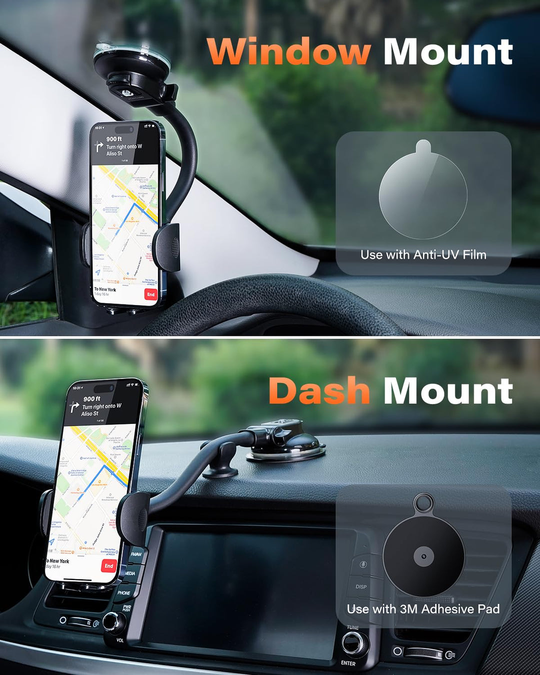Cell Phone Holder for Car Dashboard Windshield Phone Mount for Car Long Arm Car Phone Holder Mount Strong Suction Cup Anti-Shake Stabilizer Compatible for iPhone, Samsung, All Smartphones