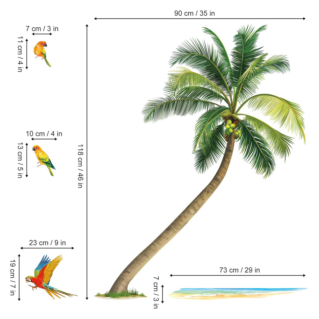 Palm Tree Wall Stickers Tropical Plants Birds Peel and Stick Wall Art Decals for Living Room Bedroom TV Wall (H:46 Inches)