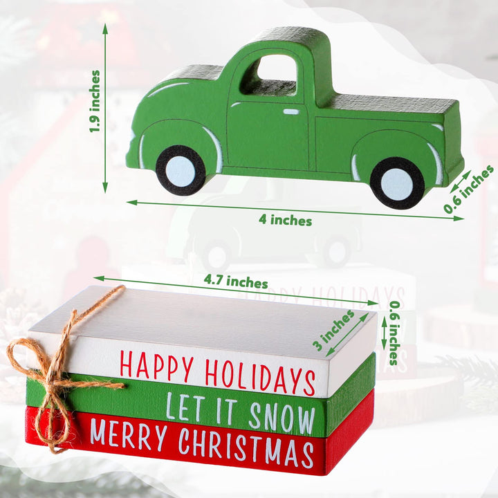 4 Pcs Christmas Tiered Tray Decor Red Truck Christmas Decor Mini Faux Book Decor Christmas Truck Gift Farmhouse Christmas Decoration Christmas Truck Signs for Christmas Home Table Decor