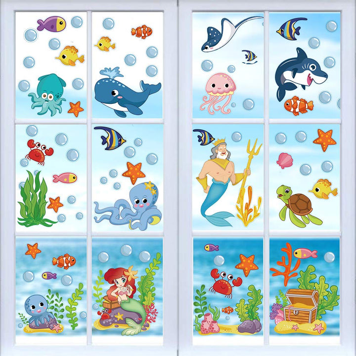 214PCS Ocean Themed Window Cling Stickers,Mermaid Sea Life Fish Window Decals for Kids Party Bathroom Decoration