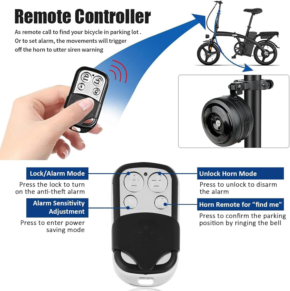 Bike Bell Alarm Horn with Remote, USB Rechargeable, Waterproof, Anti-Theft Vibration Alarm for Bikes/Scooters (1 Pack)