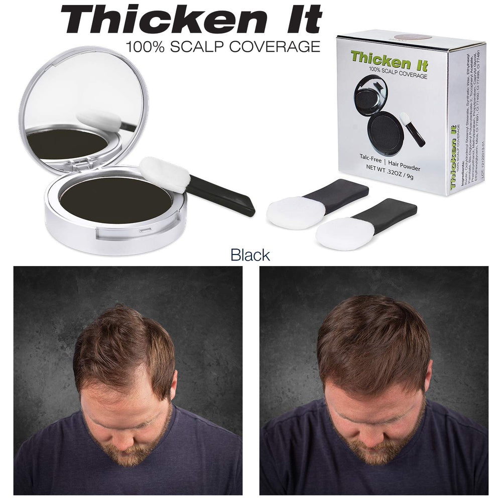 Thicken It 100% Scalp Coverage Hair Powder - BLACK - Talc-Free, Water Resistant Hair Loss Concealer, Thicker Than Hair Fibers & Sprays
