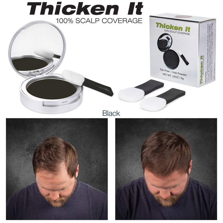 Thicken It 100% Scalp Coverage Hair Powder - BLACK - Talc-Free, Water Resistant Hair Loss Concealer, Thicker Than Hair Fibers & Sprays